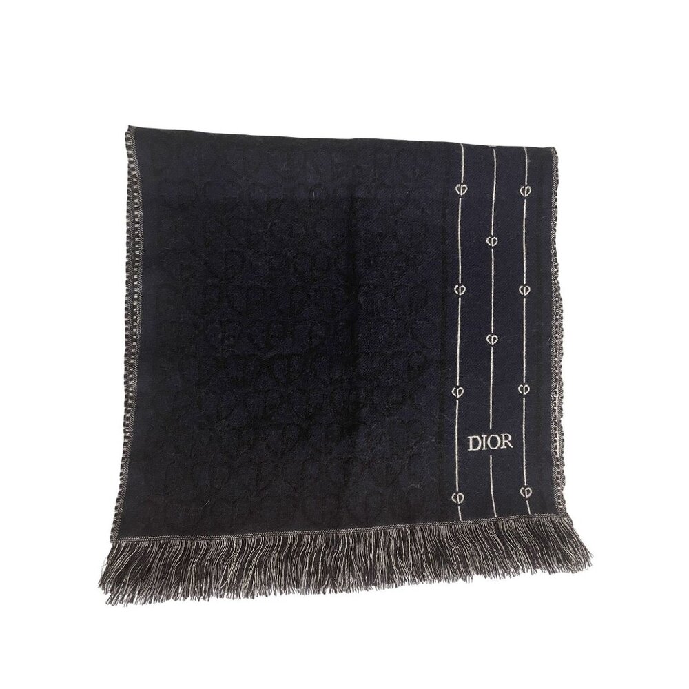 Christian Dior Black Wool Scarf W/ Monogram Pattern & Fringe